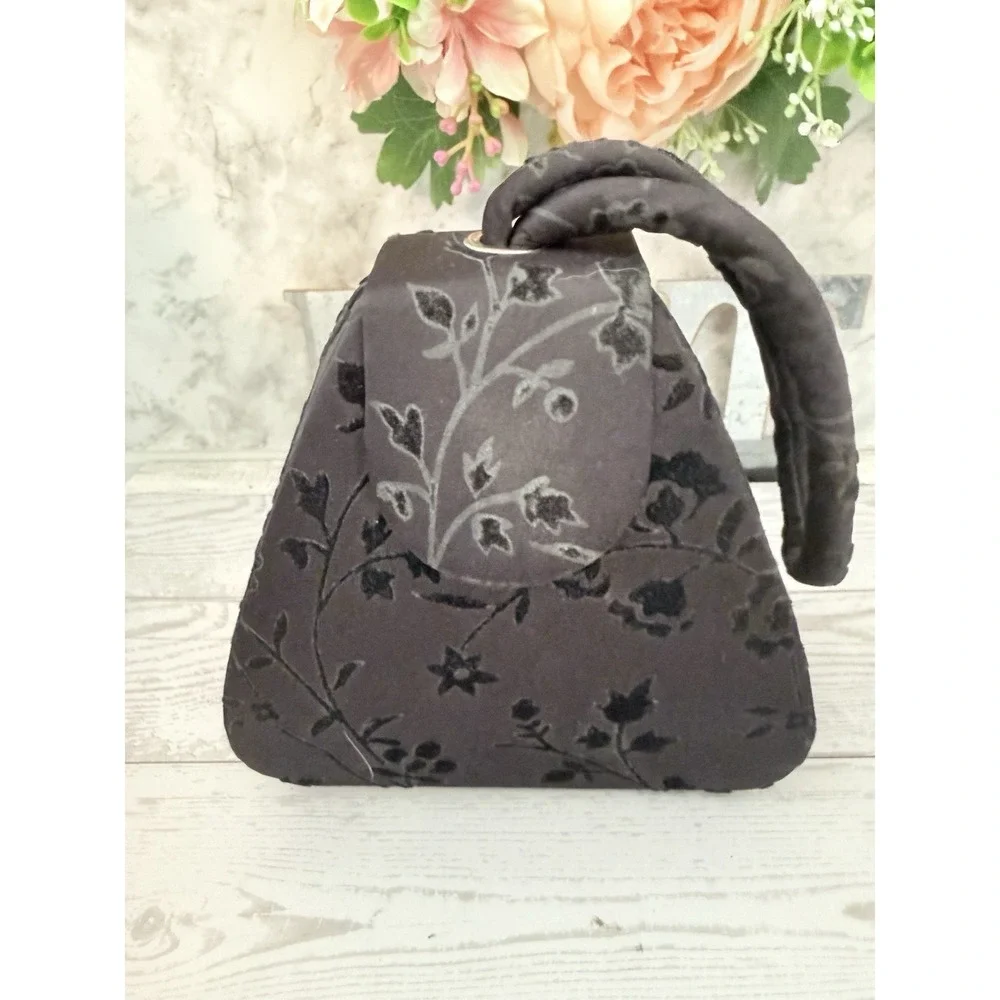 KF LTD 1980 Vintage Evening Bag Black Flocking Brocade Top Handle 6